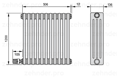 Схема (чертеж) Радиатор Zehnder Charleston 4120/11 №V003 Белый глянцевый RAL 9016